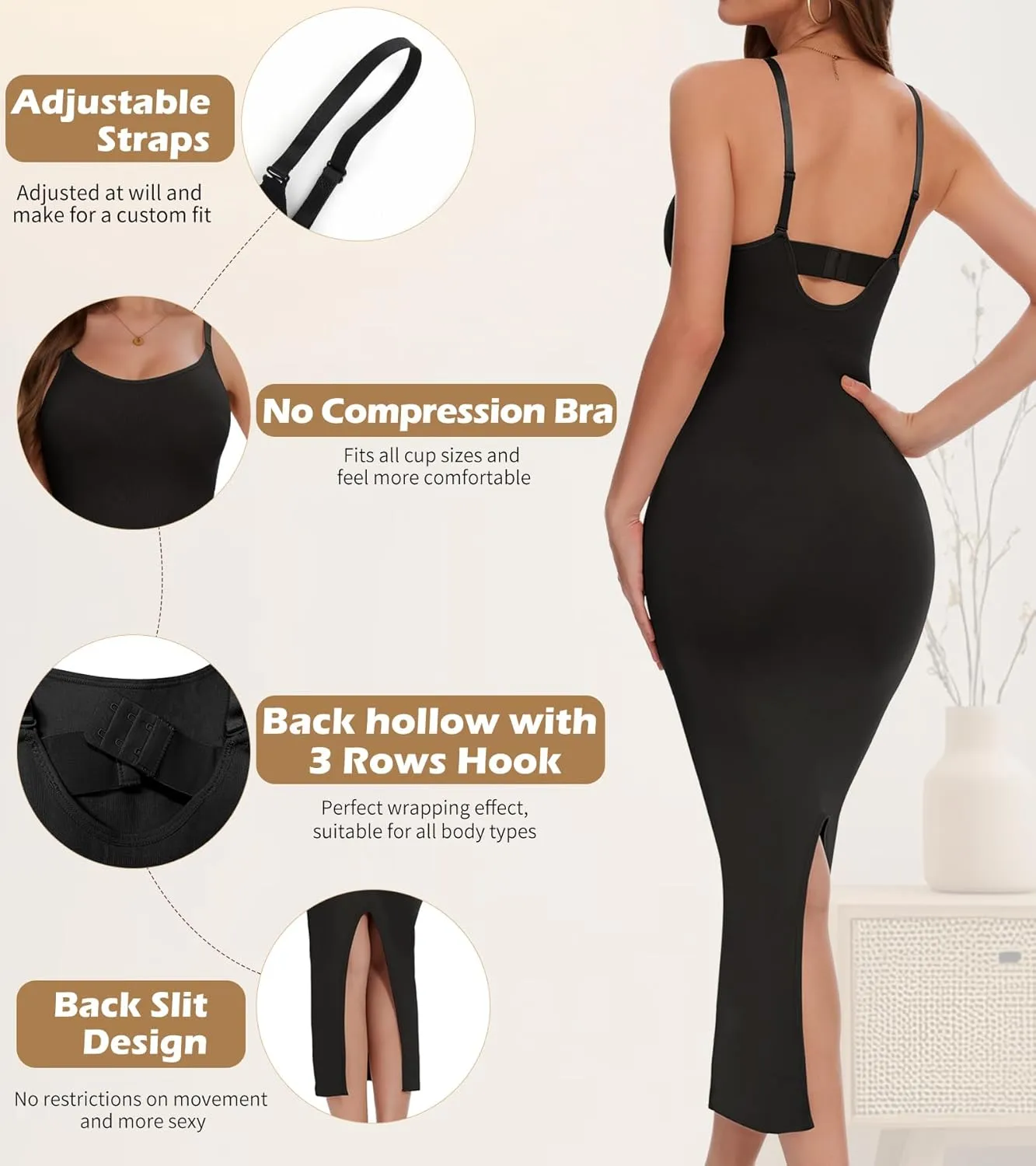 Shapewear Slip Dress for Women Under Dress Tummy Control Long Slip Dress with Back Slit