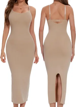 Shapewear Slip Dress for Women Under Dress Tummy Control Long Slip Dress with Back Slit