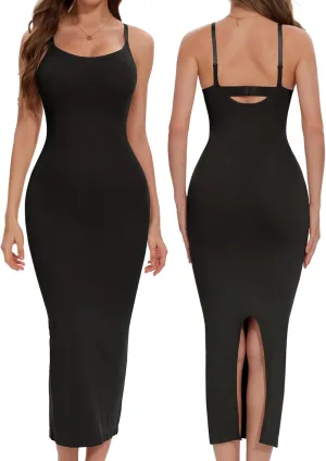 Shapewear Slip Dress for Women Under Dress Tummy Control Long Slip Dress with Back Slit