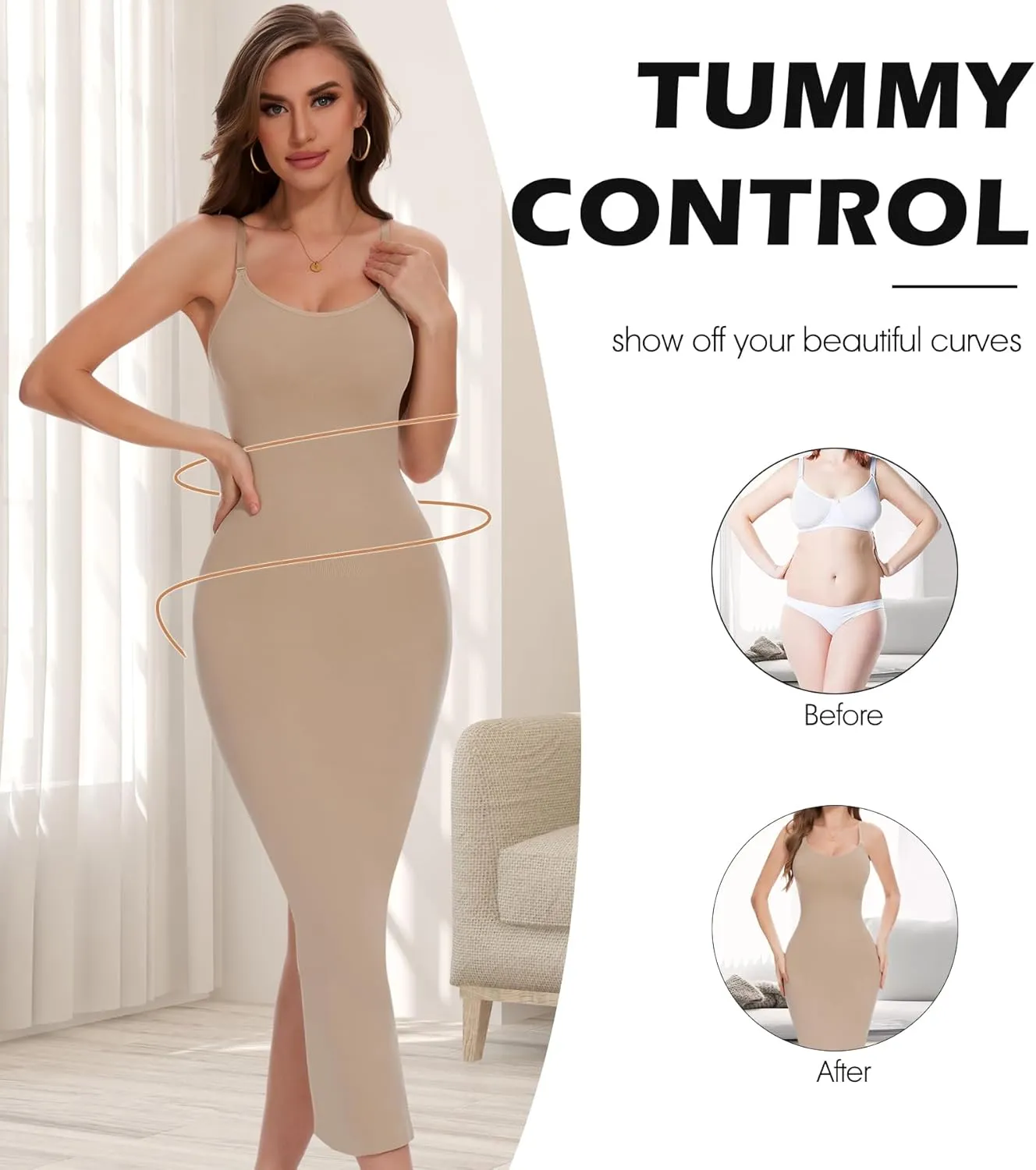 Shapewear Slip Dress for Women Under Dress Tummy Control Long Slip Dress with Back Slit