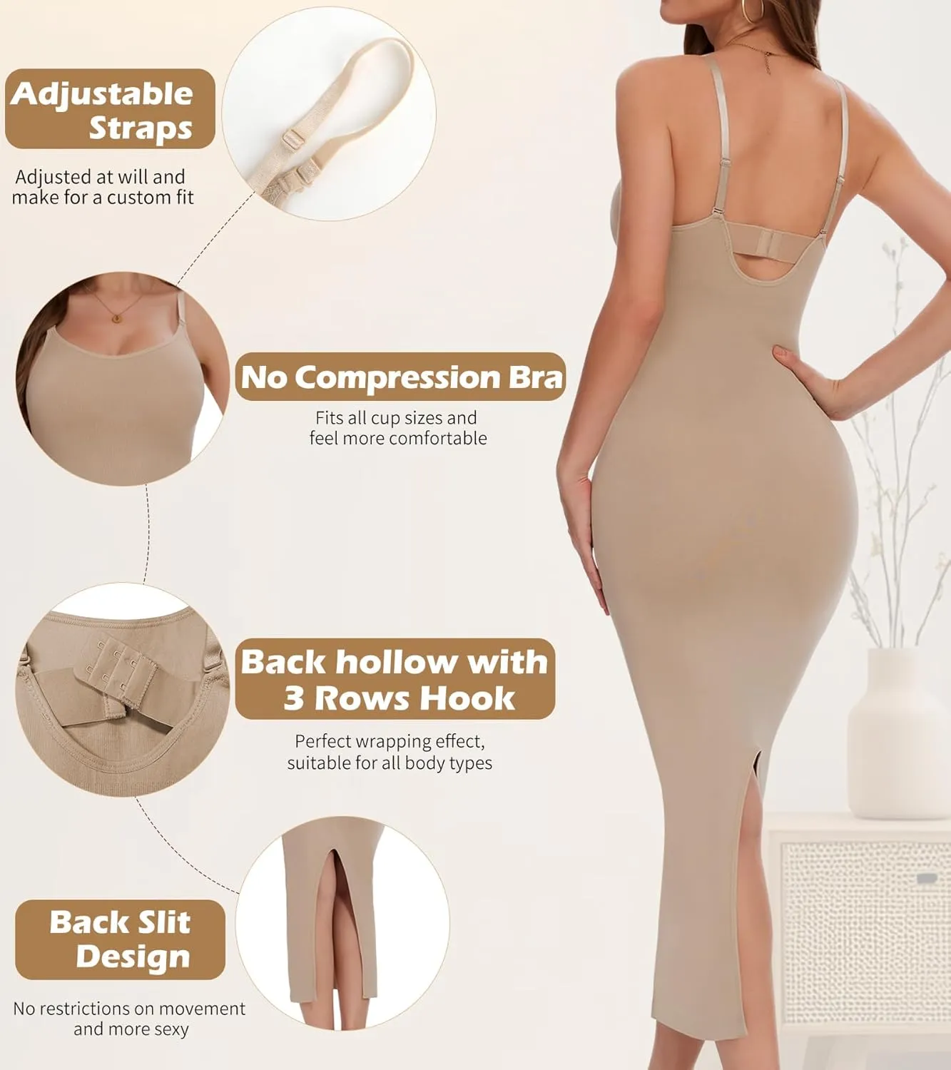 Shapewear Slip Dress for Women Under Dress Tummy Control Long Slip Dress with Back Slit