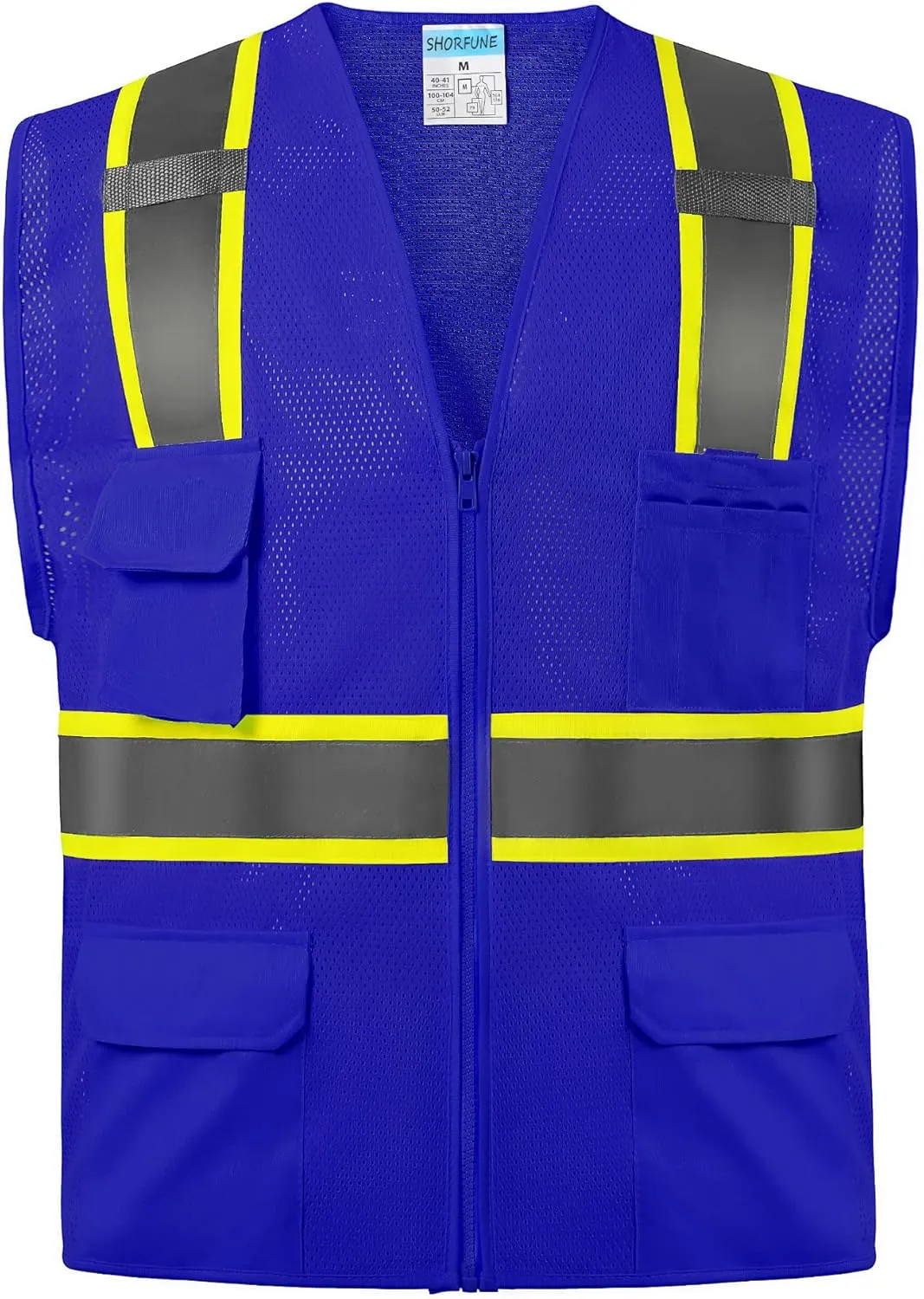 SHORFUNE High Visibility Mesh Safety Vest with Pockets, Mic Tabs, Zipper and Reflective Strips,ANSI/ISEA Standards
