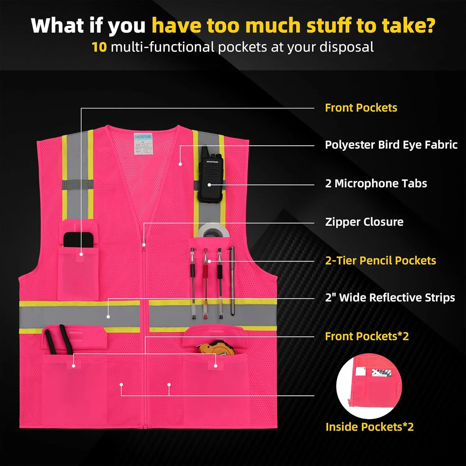 SHORFUNE High Visibility Mesh Safety Vest with Pockets, Mic Tabs, Zipper and Reflective Strips,ANSI/ISEA Standards
