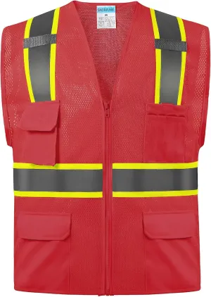 SHORFUNE High Visibility Mesh Safety Vest with Pockets, Mic Tabs, Zipper and Reflective Strips,ANSI/ISEA Standards