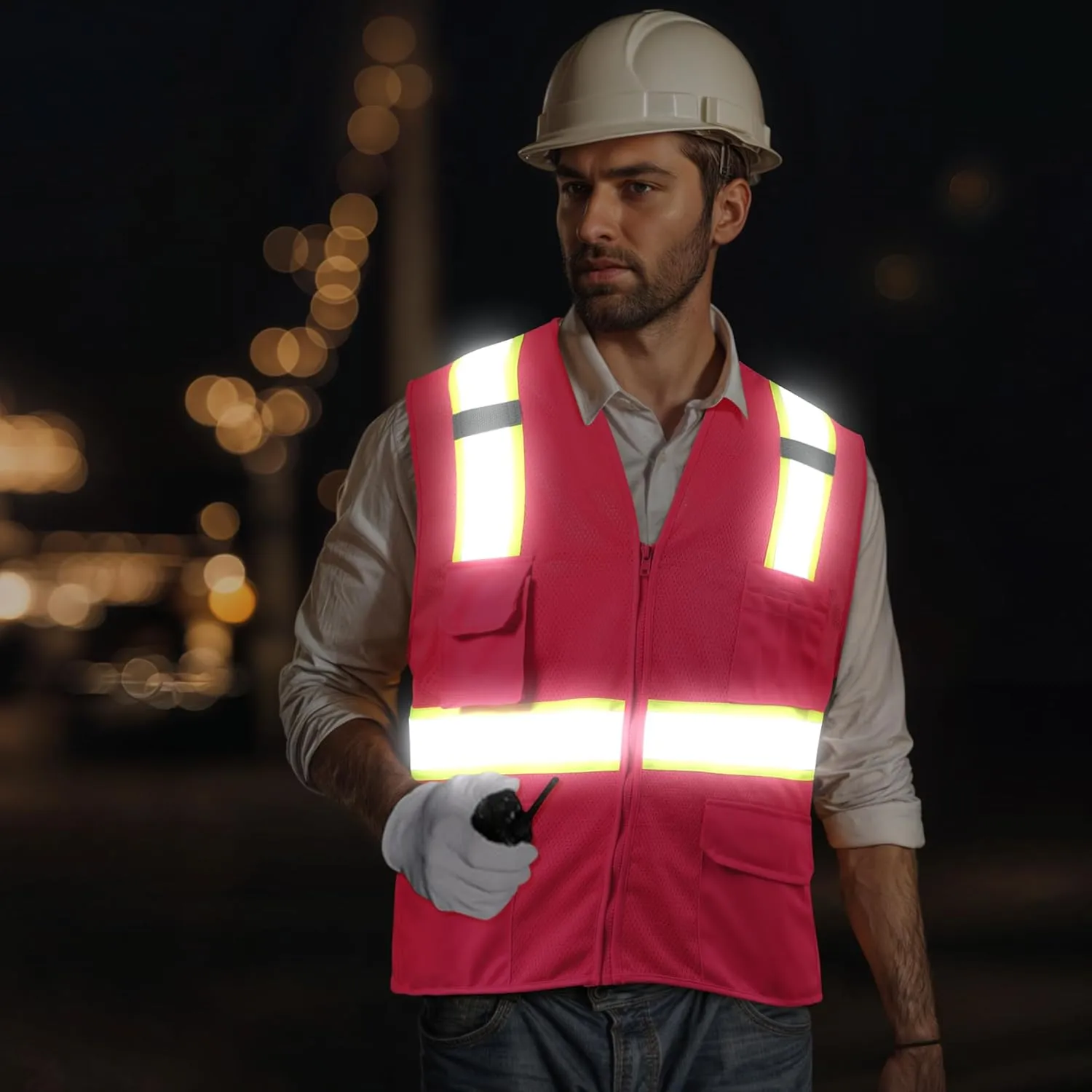 SHORFUNE High Visibility Mesh Safety Vest with Pockets, Mic Tabs, Zipper and Reflective Strips,ANSI/ISEA Standards