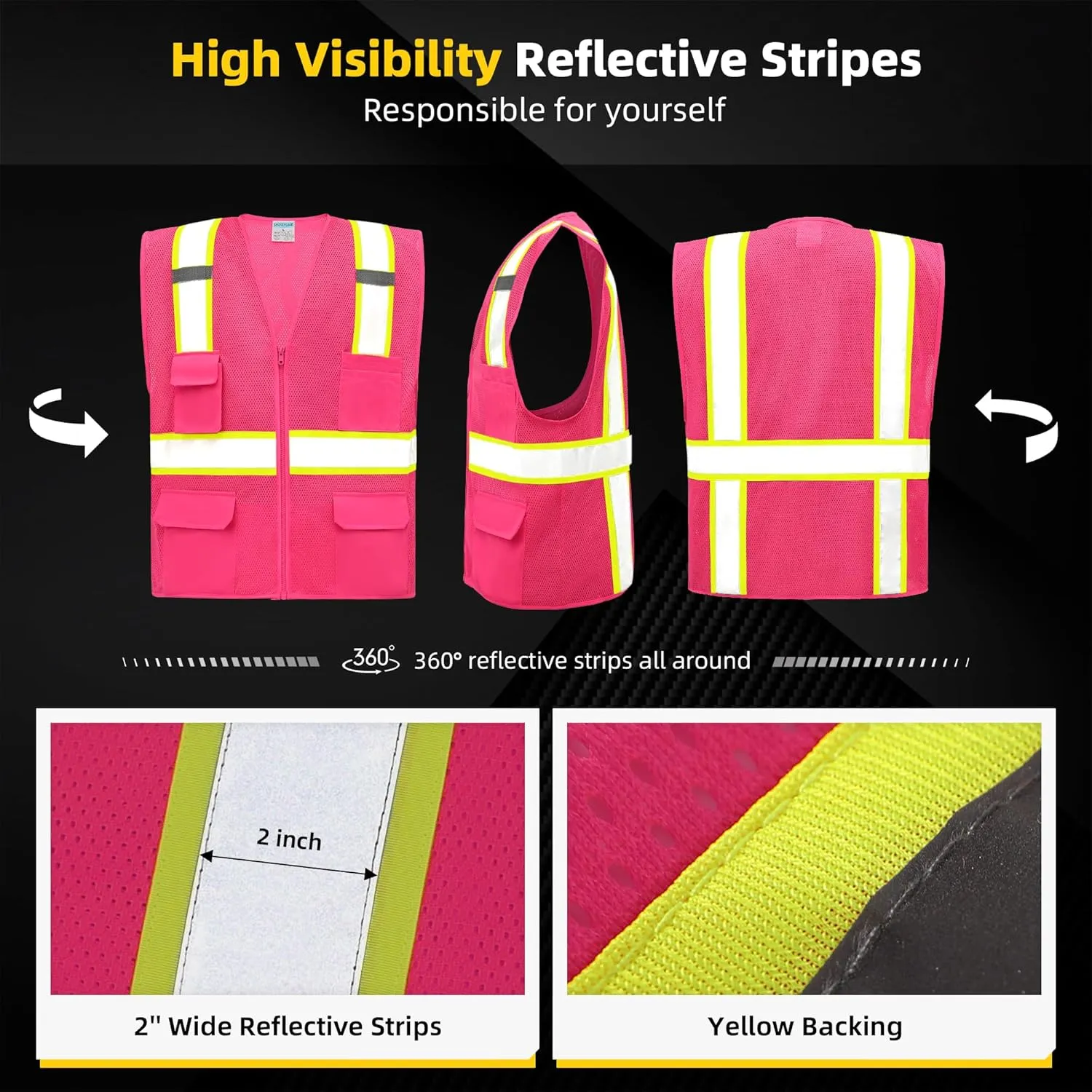 SHORFUNE High Visibility Mesh Safety Vest with Pockets, Mic Tabs, Zipper and Reflective Strips,ANSI/ISEA Standards