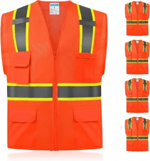SHORFUNE High Visibility Mesh Safety Vest with Pockets, Mic Tabs, Zipper and Reflective Strips,ANSI/ISEA Standards
