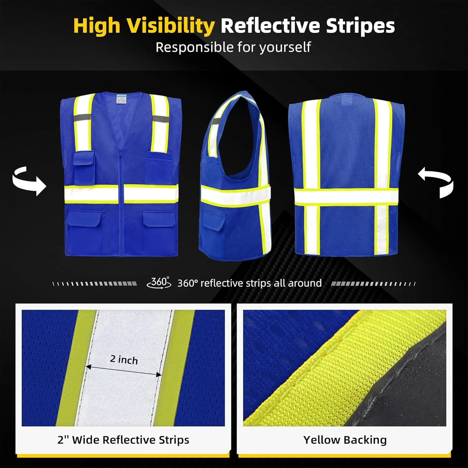 SHORFUNE High Visibility Mesh Safety Vest with Pockets, Mic Tabs, Zipper and Reflective Strips,ANSI/ISEA Standards
