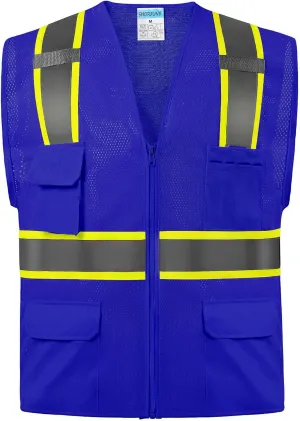 SHORFUNE High Visibility Mesh Safety Vest with Pockets, Mic Tabs, Zipper and Reflective Strips,ANSI/ISEA Standards