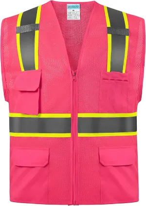 SHORFUNE High Visibility Mesh Safety Vest with Pockets, Mic Tabs, Zipper and Reflective Strips,ANSI/ISEA Standards