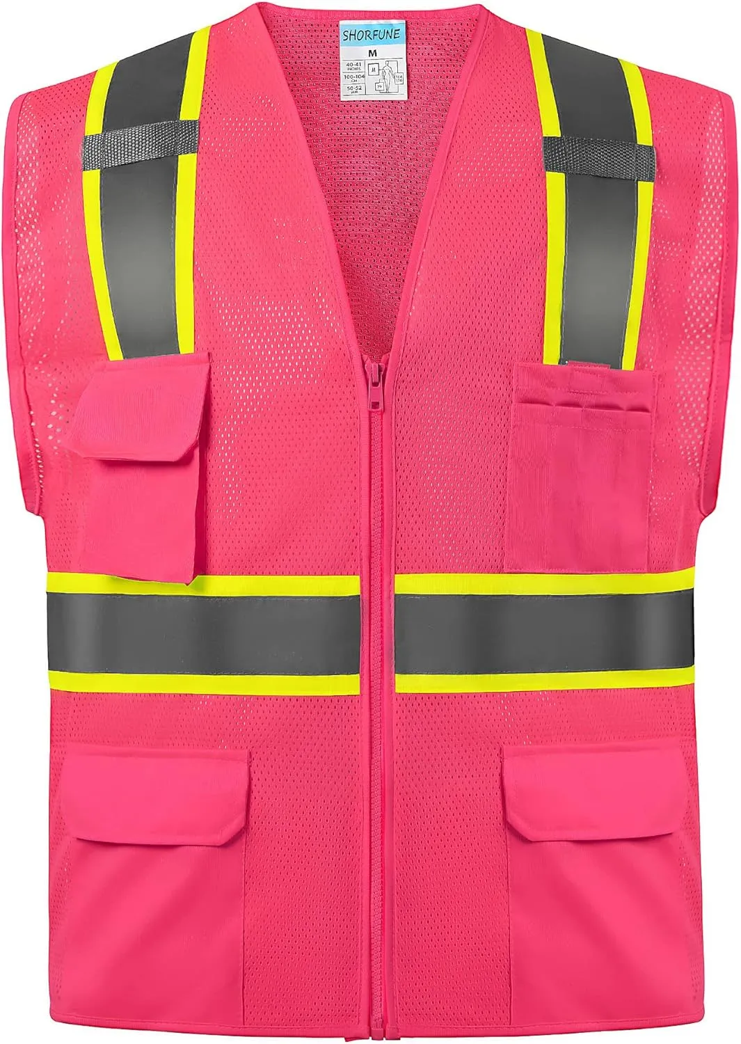 SHORFUNE High Visibility Mesh Safety Vest with Pockets, Mic Tabs, Zipper and Reflective Strips,ANSI/ISEA Standards