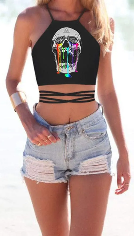 Sister Amy Women's Halter Cross Back Boho Bandage Tank Camis Crop Top Vest