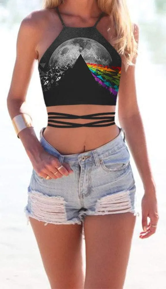 Sister Amy Women's Halter Cross Back Boho Bandage Tank Camis Crop Top Vest