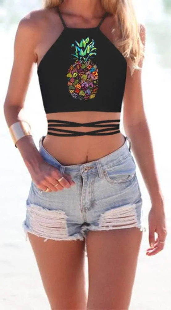 Sister Amy Women's Halter Cross Back Boho Bandage Tank Camis Crop Top Vest