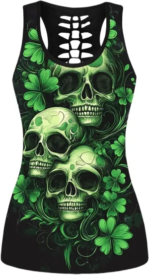 Sister Amy Women's Skull Print Hollow Out T-Shirt Crew Neck Plus Size Tank Top