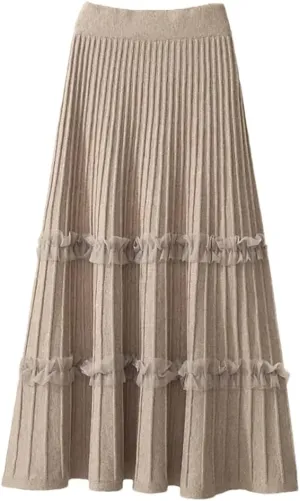 Skirts for Women Lace Ruffle Knitted Midi Pleated Skirt Women High Waist Umbrella Solid A-Line Long