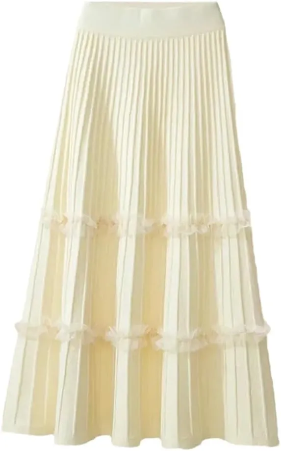 Skirts for Women Lace Ruffle Knitted Midi Pleated Skirt Women High Waist Umbrella Solid A-Line Long