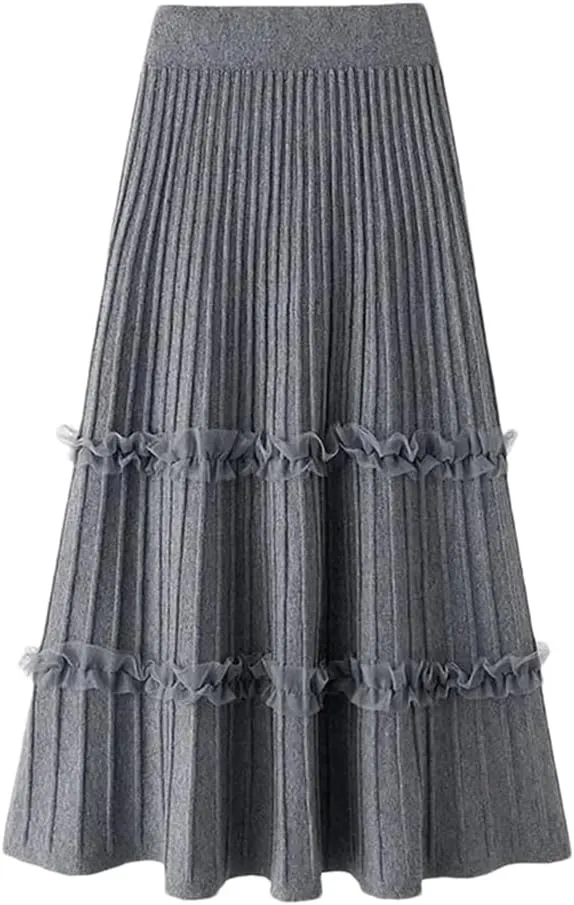 Skirts for Women Lace Ruffle Knitted Midi Pleated Skirt Women High Waist Umbrella Solid A-Line Long