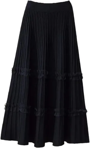 Skirts for Women Lace Ruffle Knitted Midi Pleated Skirt Women High Waist Umbrella Solid A-Line Long