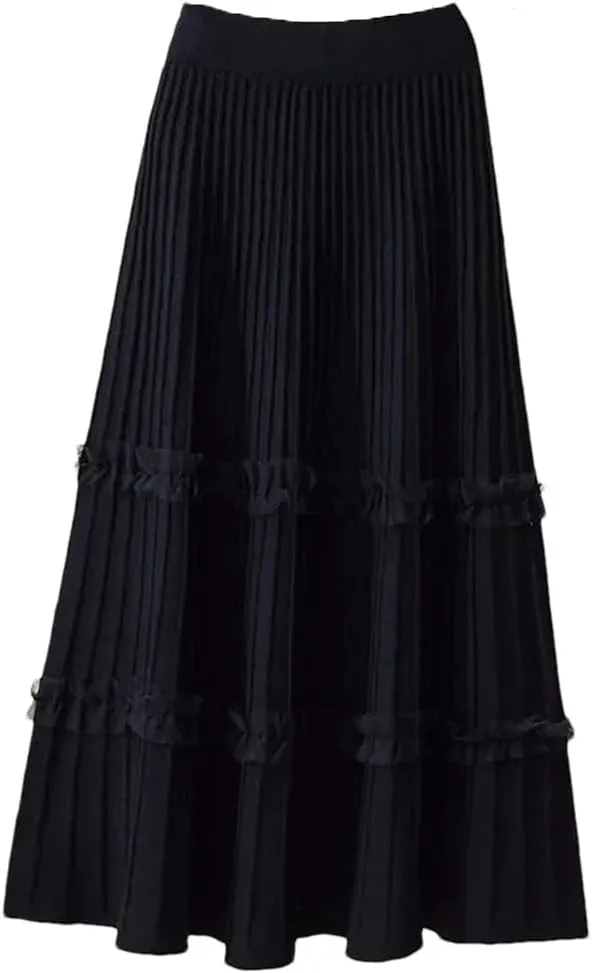 Skirts for Women Lace Ruffle Knitted Midi Pleated Skirt Women High Waist Umbrella Solid A-Line Long