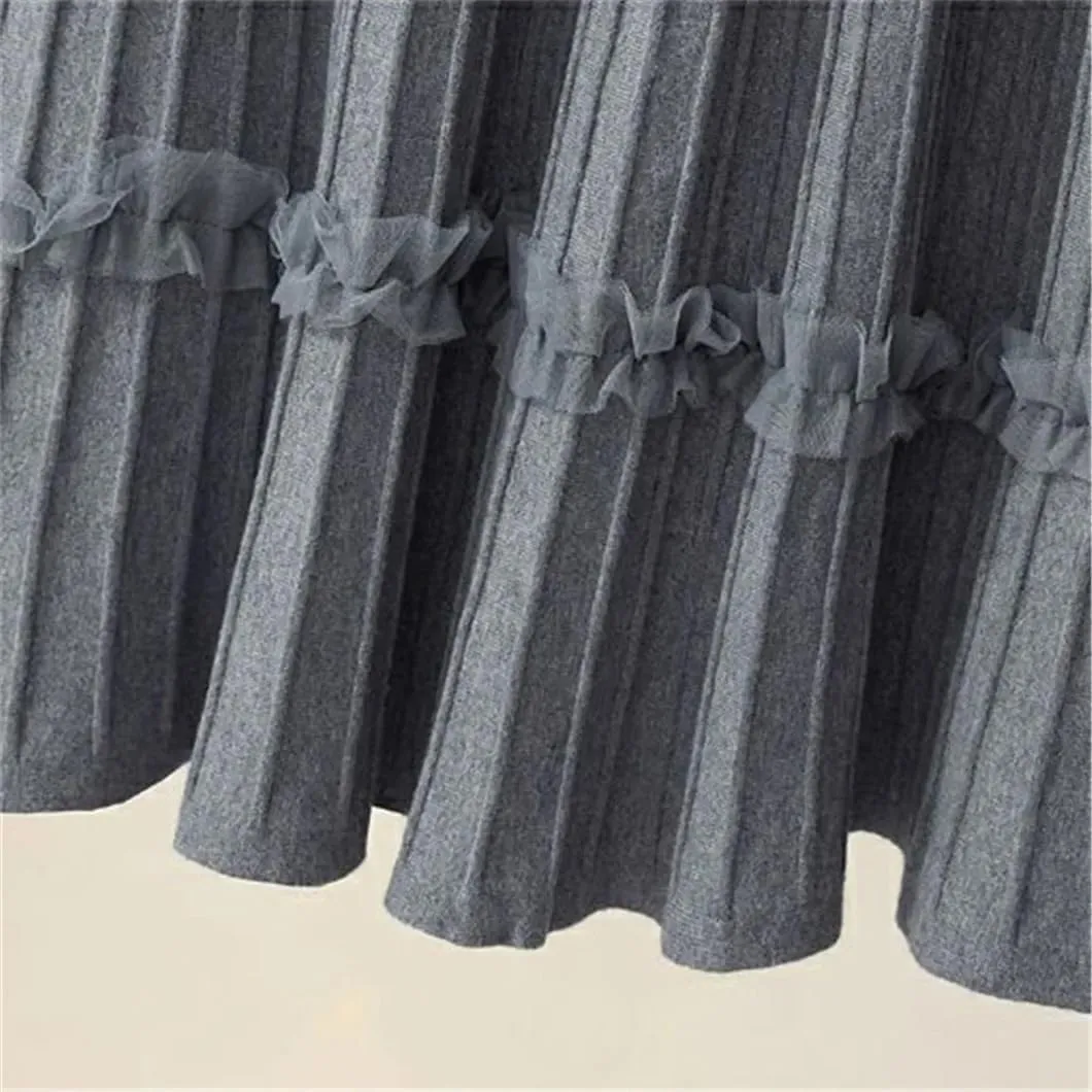Skirts for Women Lace Ruffle Knitted Midi Pleated Skirt Women High Waist Umbrella Solid A-Line Long