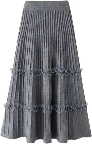 Skirts for Women Lace Ruffle Knitted Midi Pleated Skirt Women High Waist Umbrella Solid A-Line Long