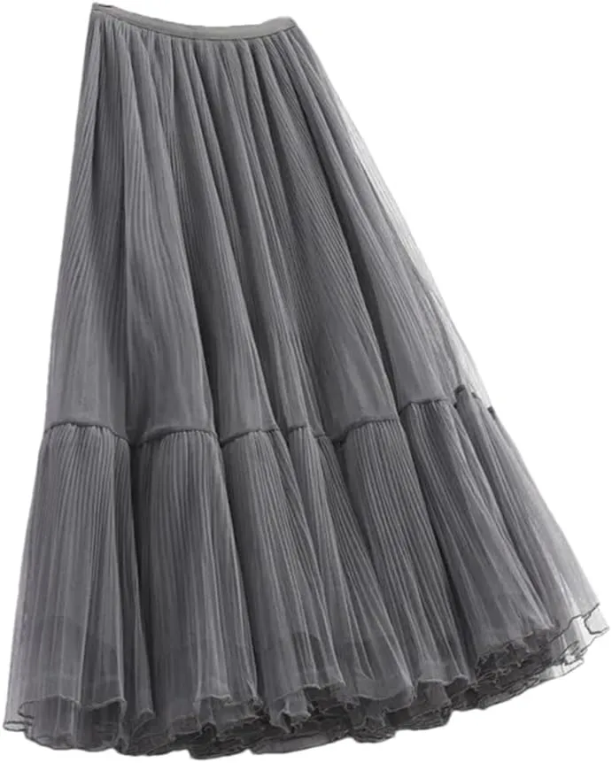 Skirts for Women Tulle Skirts Womens Midi Skirt Women Elastic High Waist Pleated Mesh Skirt