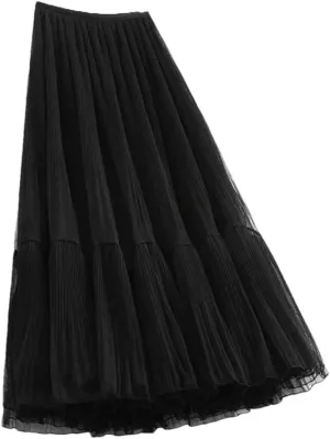 Skirts for Women Tulle Skirts Womens Midi Skirt Women Elastic High Waist Pleated Mesh Skirt