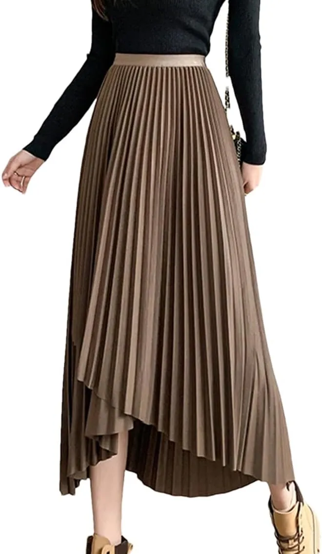 Skirts for Women Women's Midi Pleated Skirt Asymmetrical Elastic Waist A-Line Skirts Black Skirt
