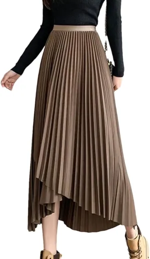 Skirts for Women Women's Midi Pleated Skirt Asymmetrical Elastic Waist A-Line Skirts Black Skirt