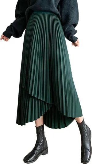 Skirts for Women Women's Midi Pleated Skirt Asymmetrical Elastic Waist A-Line Skirts Black Skirt