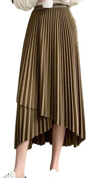 Skirts for Women Women's Midi Pleated Skirt Asymmetrical Elastic Waist A-Line Skirts Black Skirt