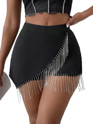 SOLY HUX Women's Fringe Trim Wrap High Waist Skort Rhinestone Asymmetrical Hem Skirt Shorts