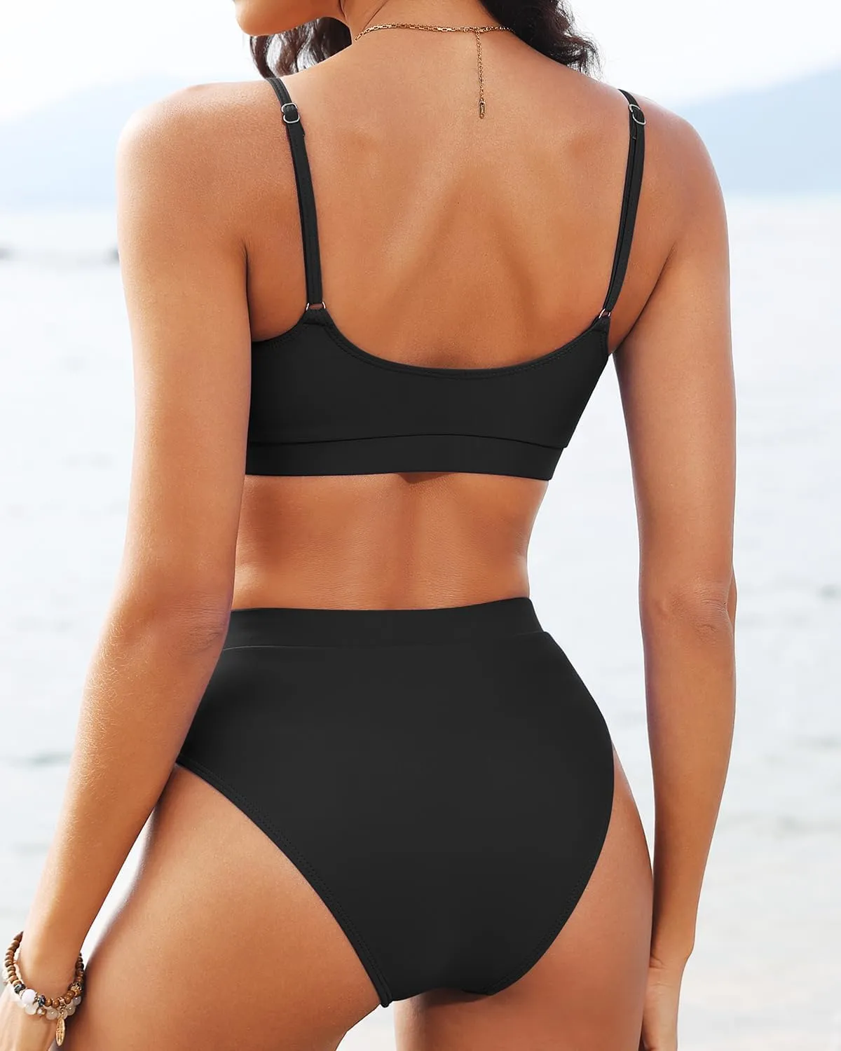 Tempt Me Women High Waisted Bikini Set Athletic Two Piece Swimsuits Sporty High Cut Bathing Suit with Scoop Neck