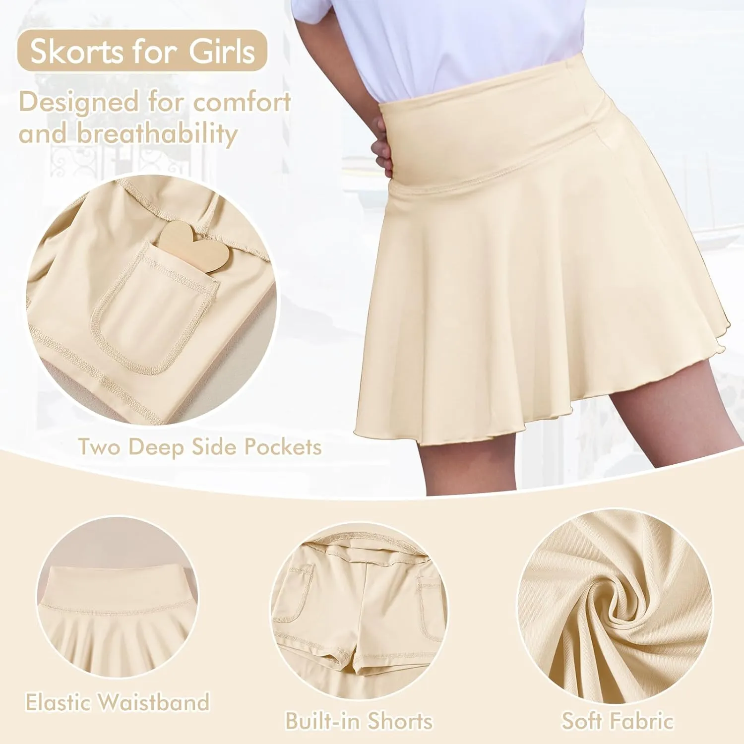 Toddler Baby Girl Skirts Flared Girls Mini Skorts Stretch Tennis Skater Uniform Athletic Skirts with Shorts Pockets