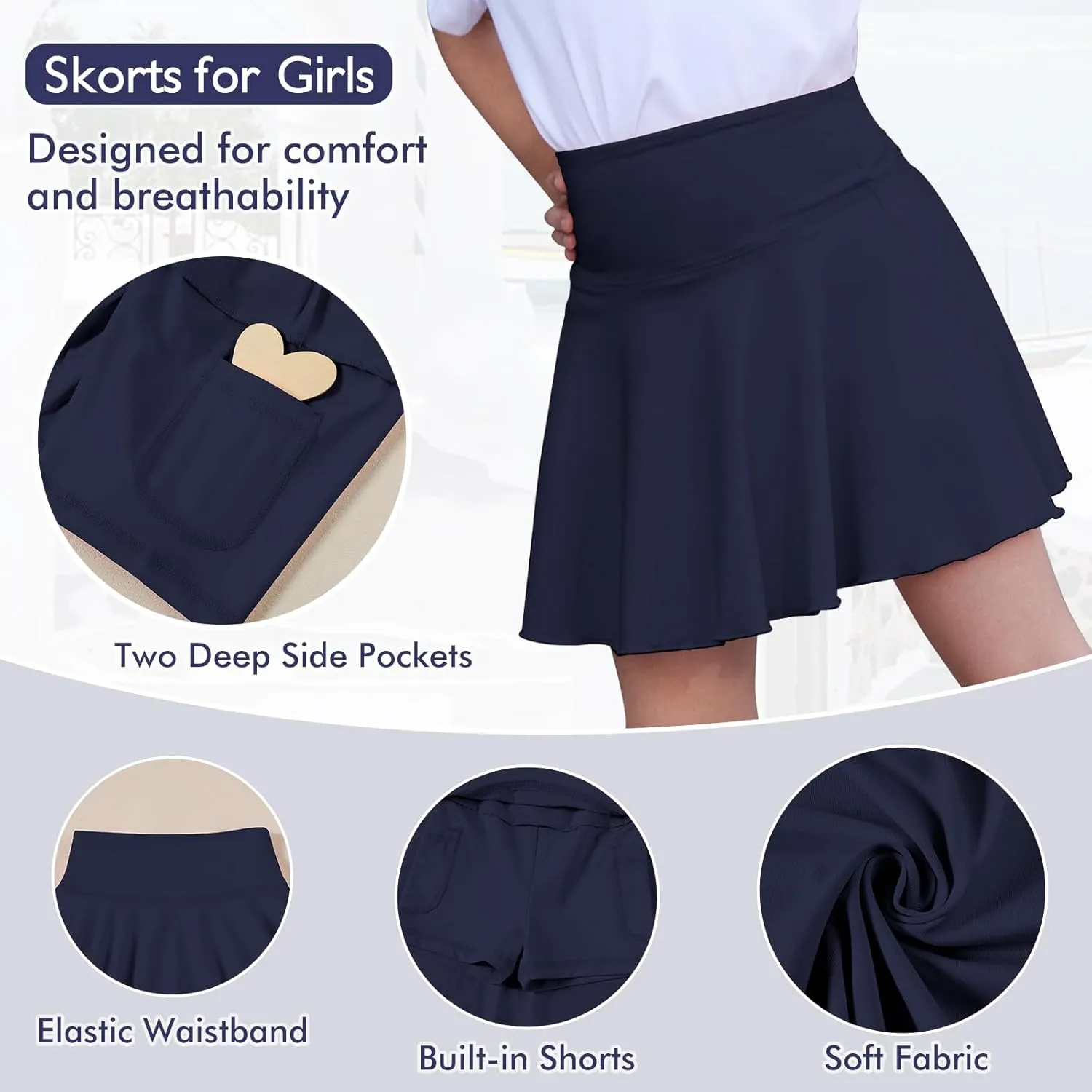 Toddler Baby Girl Skirts Flared Girls Mini Skorts Stretch Tennis Skater Uniform Athletic Skirts with Shorts Pockets