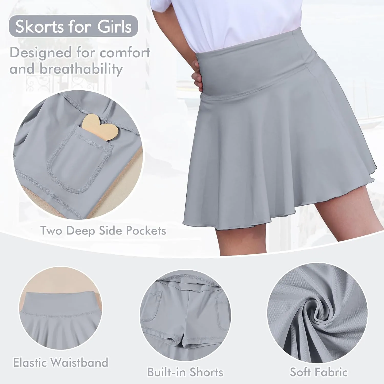 Toddler Baby Girl Skirts Flared Girls Mini Skorts Stretch Tennis Skater Uniform Athletic Skirts with Shorts Pockets