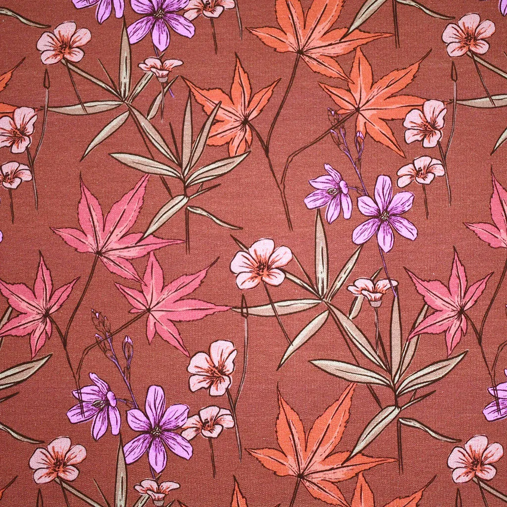 Tossed Maple Leaves Cotton Modal French Terry Terracotta