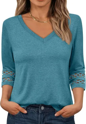 Trendy Queen 3/4 Length Sleeve Womens Tops V Neck Lace Tunic Dressy Casual Business Ladies Fashion Outfits 2025