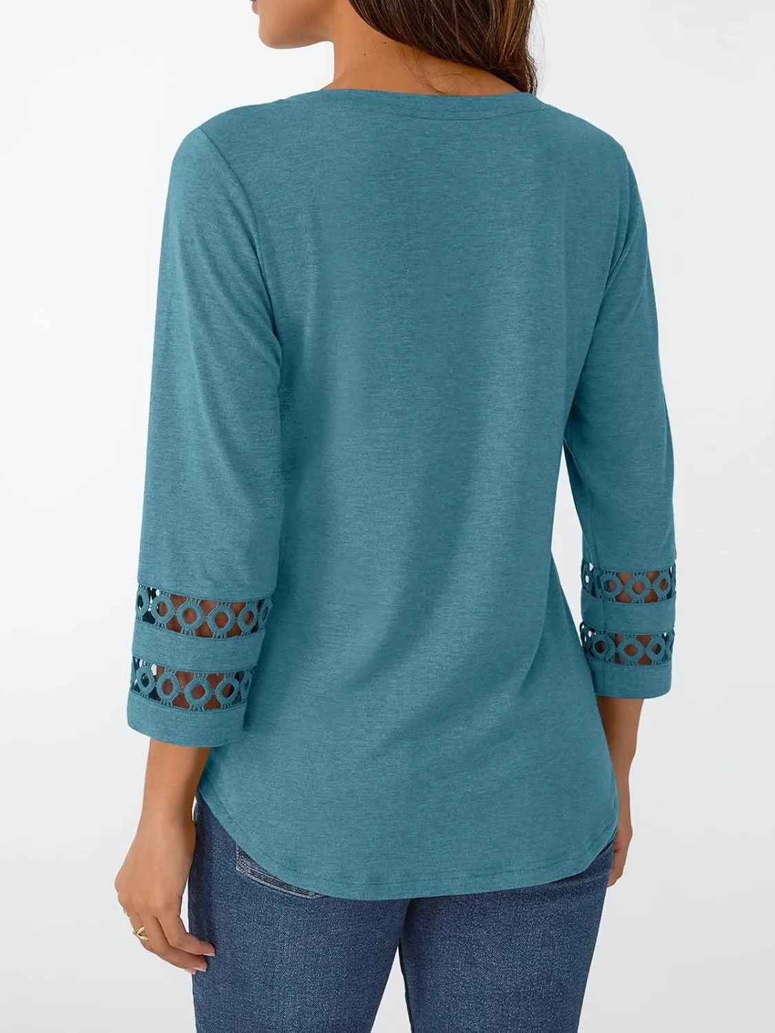 Trendy Queen 3/4 Length Sleeve Womens Tops V Neck Lace Tunic Dressy Casual Business Ladies Fashion Outfits 2025