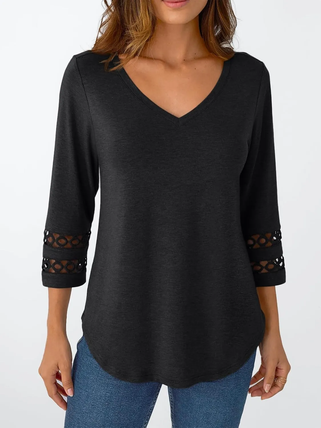 Trendy Queen 3/4 Length Sleeve Womens Tops V Neck Lace Tunic Dressy Casual Business Ladies Fashion Outfits 2025