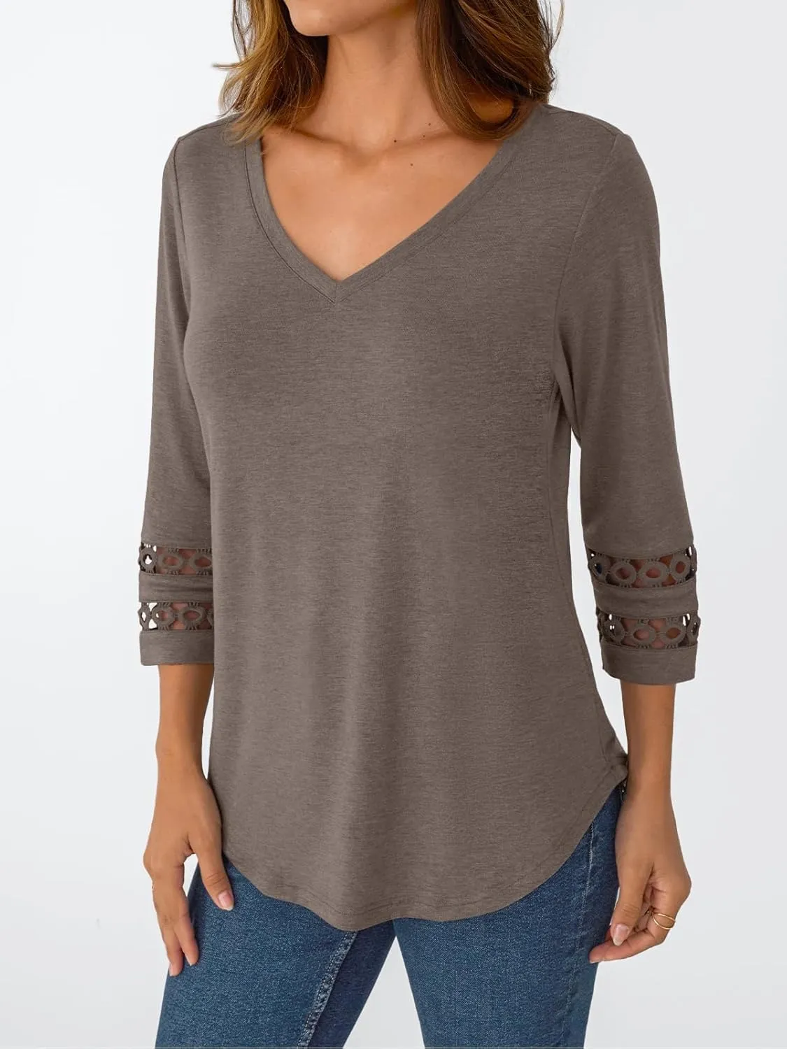 Trendy Queen 3/4 Length Sleeve Womens Tops V Neck Lace Tunic Dressy Casual Business Ladies Fashion Outfits 2025