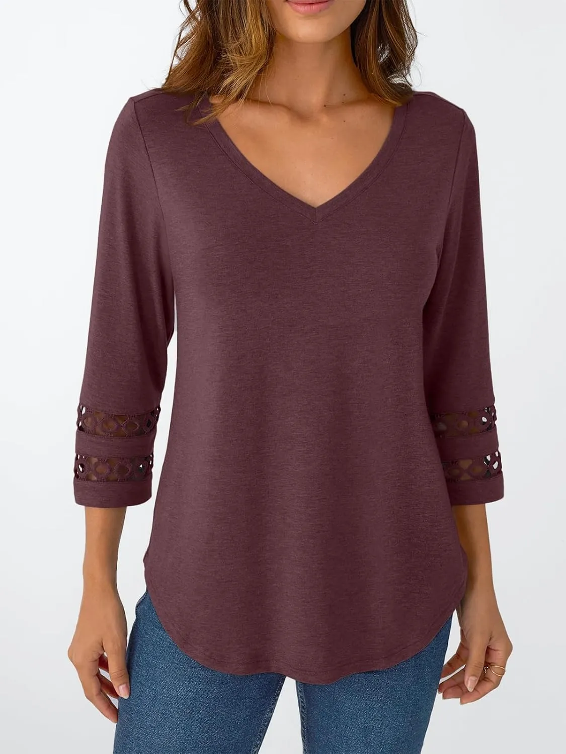 Trendy Queen 3/4 Length Sleeve Womens Tops V Neck Lace Tunic Dressy Casual Business Ladies Fashion Outfits 2025