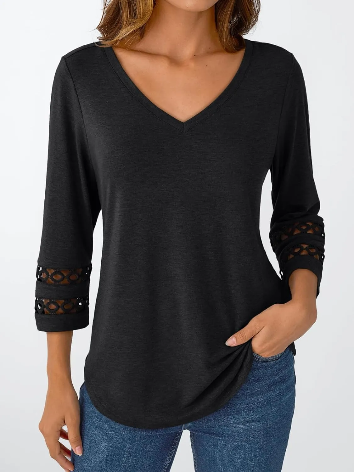 Trendy Queen 3/4 Length Sleeve Womens Tops V Neck Lace Tunic Dressy Casual Business Ladies Fashion Outfits 2025