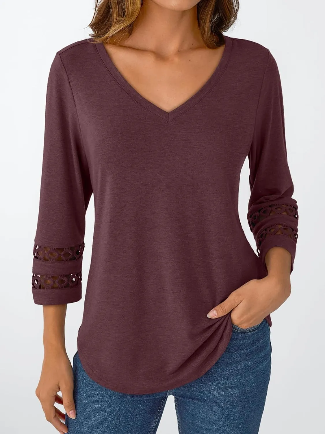 Trendy Queen 3/4 Length Sleeve Womens Tops V Neck Lace Tunic Dressy Casual Business Ladies Fashion Outfits 2025