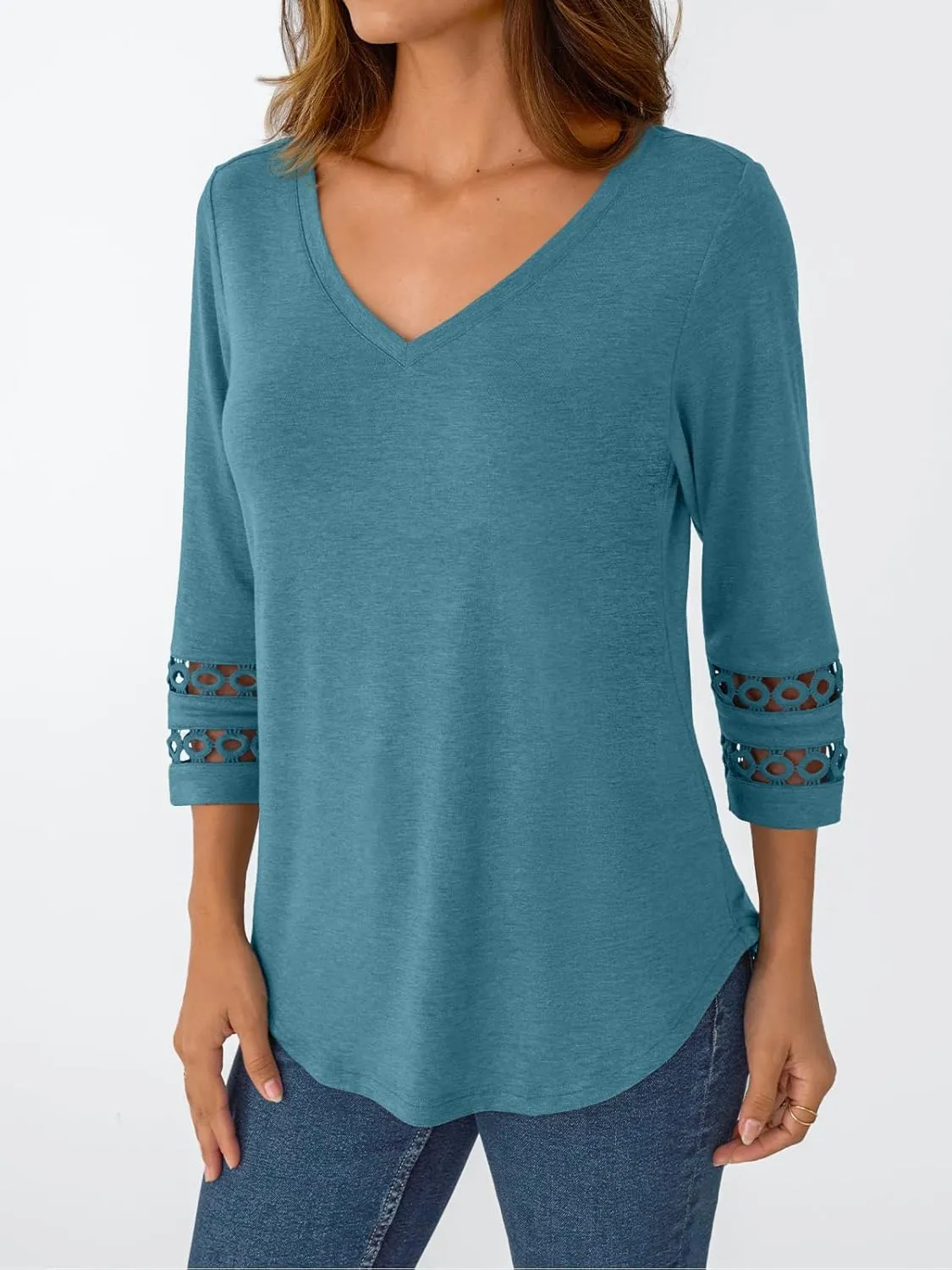 Trendy Queen 3/4 Length Sleeve Womens Tops V Neck Lace Tunic Dressy Casual Business Ladies Fashion Outfits 2025