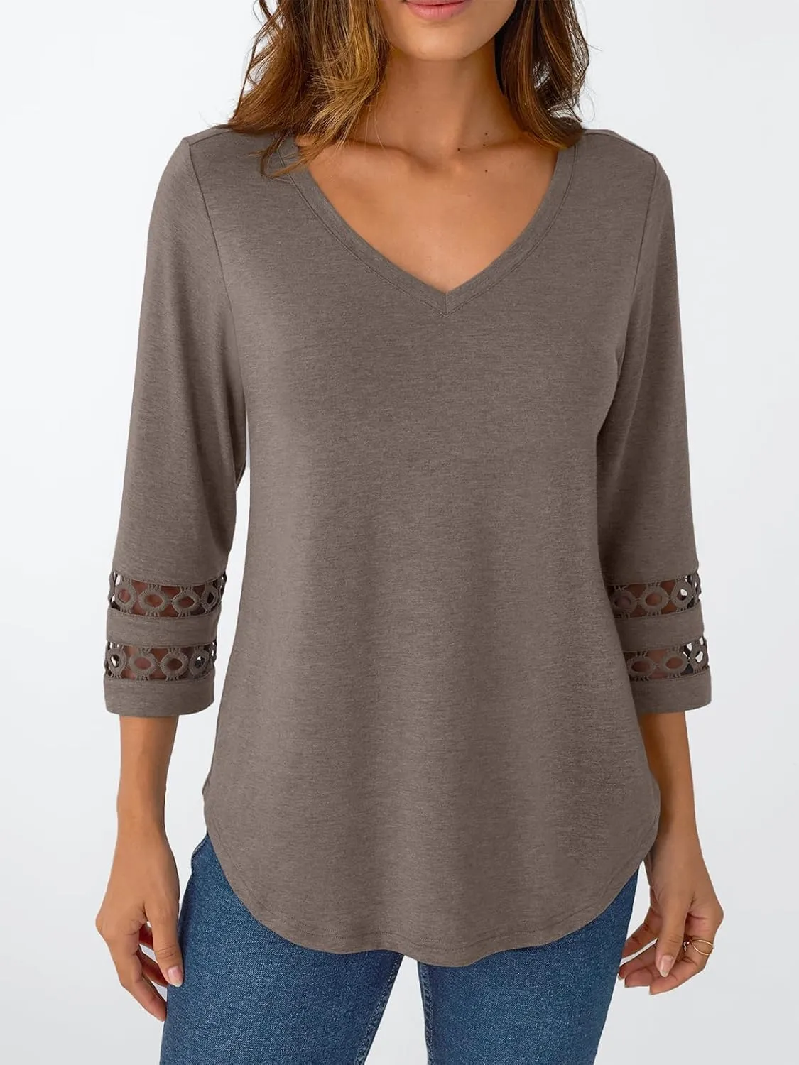 Trendy Queen 3/4 Length Sleeve Womens Tops V Neck Lace Tunic Dressy Casual Business Ladies Fashion Outfits 2025