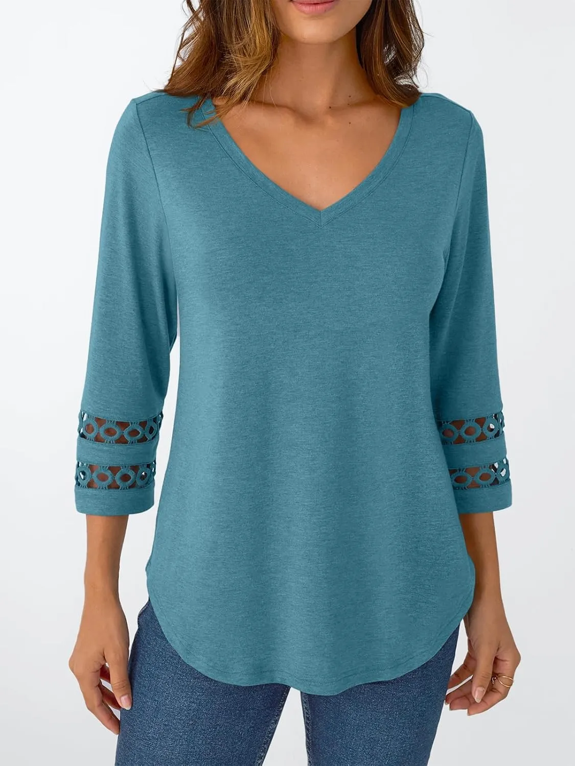 Trendy Queen 3/4 Length Sleeve Womens Tops V Neck Lace Tunic Dressy Casual Business Ladies Fashion Outfits 2025