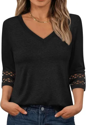 Trendy Queen 3/4 Length Sleeve Womens Tops V Neck Lace Tunic Dressy Casual Business Ladies Fashion Outfits 2025
