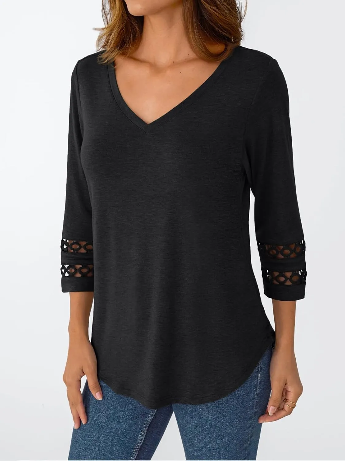 Trendy Queen 3/4 Length Sleeve Womens Tops V Neck Lace Tunic Dressy Casual Business Ladies Fashion Outfits 2025
